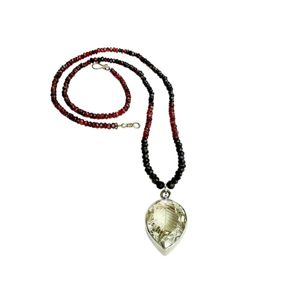 Leaf Carved Quartz Crystal Sterling Pendant Garnet Black Spinel Beaded Necklace - Picture 7 of 7